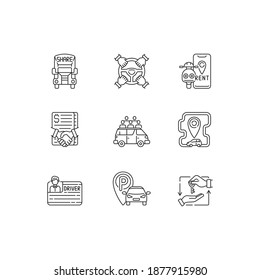 Car sharing and rental service linear icons set. Getting cars and trucks for term from another people. Customizable thin line contour symbols. Isolated vector outline illustrations. Editable stroke