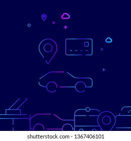 Car Sharing, Car Rental Vector Line Illustration. Public Transport Gradient Icon, Symbol, Sign. Dark Blue Background. Related Bottom Border.