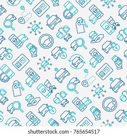 Car sharing seamless pattern with thin line icons of driver's license, key, blocked car, pointer, available, searching of car. Vector illustration for banner, web page, print media.