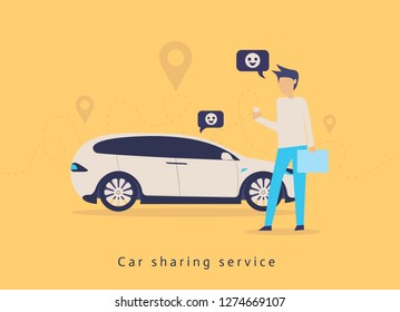 Car sharing service advertising w. A man with a smartphone standing near the car. Modern landing pagewith colorful illustration. 