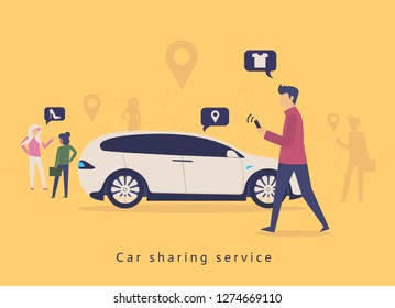 Car sharing service advertising w. A man with a smartphone standing near the car. Modern landing pagewith colorful illustration. 