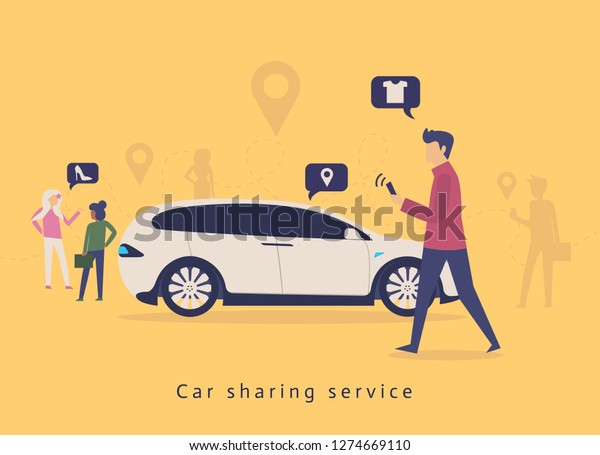 Car sharing service advertising w. A man with a\
smartphone standing near the car. Modern landing pagewith colorful\
illustration. 