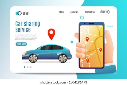 Car sharing service advertising web page template. A man with a smartphone standing near the car. Business website concept. Flat Style. Colorful background. Vector illustration