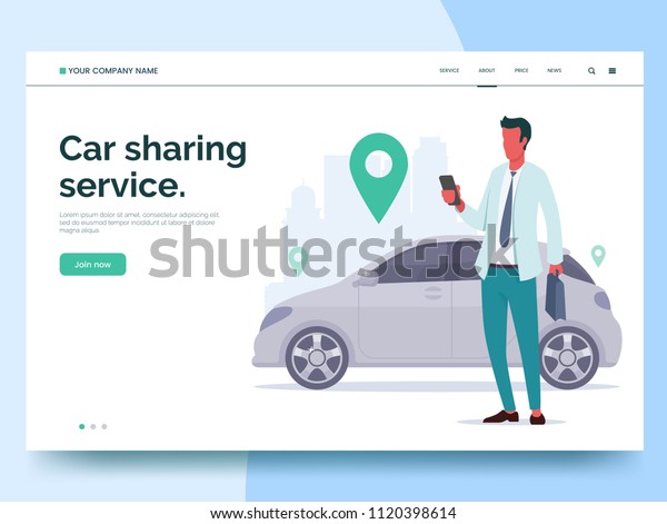 Car sharing service advertising web page template. A\
man with a smartphone standing near the car. Modern landing page\
for mobile app with colorful illustration. Business website\
concept. Eps 10.