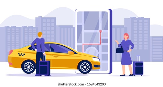 Car sharing service app advertising web banner. Smartphone screen with city map navigation, yellow taxi car and location pin. Tourist with a suitcase getting in a taxi. Airport transfer