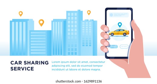 Car sharing service app advertising web banner. Smartphone screen with city map navigation, taxi car and location pin. Smart city transportation. Online order taxi service. For landing, poster, flyer