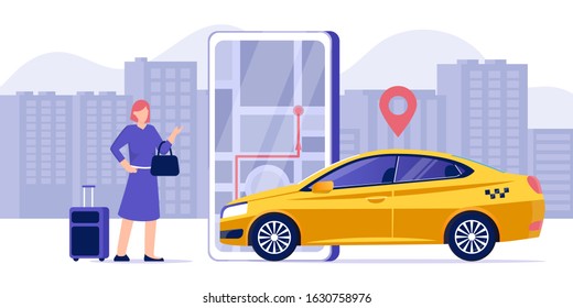 Car sharing service app advertising web banner. Smartphone screen with city map navigation, yellow taxi car and location pin. Tourist with a suitcase getting in a taxi. Airport transfer