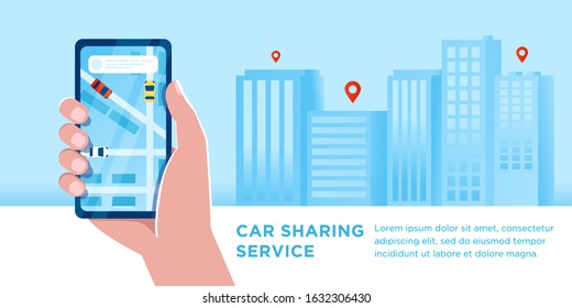 Car sharing service app advertising web banner. Smartphone screen with city map navigation, taxi car and location pin. Smart city transportation. Online order taxi service. For landing, poster, flyer