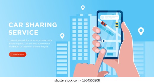 Car sharing service app advertising web banner. Smartphone screen with city map navigation, taxi car and location pin. Smart city transportation. Online order taxi service. For landing, poster, flyer