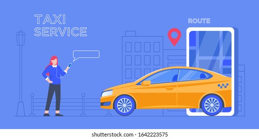 Car sharing service app advertising web banner. Smartphone screen with city map navigation, taxi car and location pin. Smart city transportation. Online order taxi service. For landing, poster, flyer