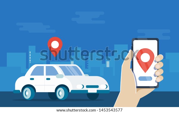 Car sharing service app advertising web page\
template. smartphone screen with city map in hand, grey car and\
location pin. Smart city transportation.  Online car service. For\
banner, poster, flyer