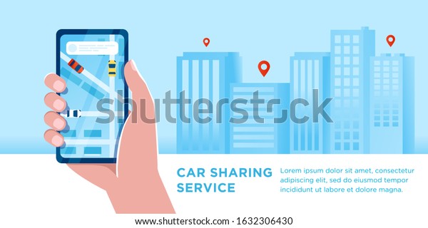Car sharing service app advertising web banner.\
Smartphone screen with city map navigation, taxi car and location\
pin. Smart city transportation. Online order taxi service. For\
landing, poster, flyer