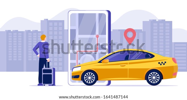 Car\
sharing service app advertising web banner. Smartphone screen with\
city map navigation, yellow taxi car and location pin. Tourist with\
a suitcase getting in a taxi. Airport\
transfer