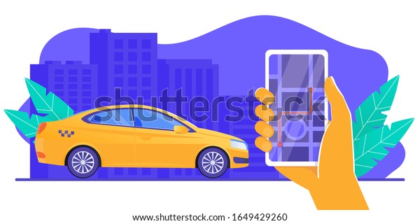 Car sharing service app advertising web banner.\
Smartphone screen with city map navigation, taxi car and location\
pin. Smart city transportation. Online order taxi service. For\
landing, poster, flyer