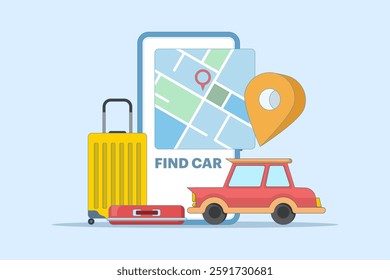 Car sharing service app concept. Book online taxi, rent and share your location with mobile app. Online taxi or rent transportation using smart phone service app. Flat vector illustration.