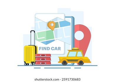 Car sharing service app concept. Book online taxi, rent and share your location with mobile app. Online taxi or rent transportation using smart phone service app. Flat vector illustration.
