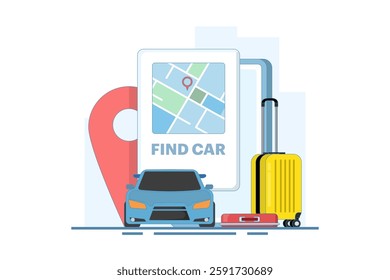 Car sharing service app concept. Book online taxi, rent and share your location with mobile app. Online taxi or rent transportation using smart phone service app. Flat vector illustration.