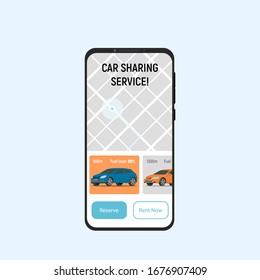 Car sharing service. Application interface concept. City map and car selection for rent.