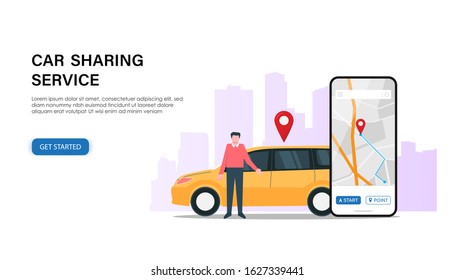 Car sharing service background template. Landing page with man and car vehicle for a short time. Smartphone with map navigation app. Website page concept. Trendy style vector illustration