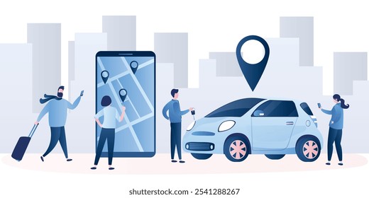 Histórico do serviço de compartilhamento de carro. Veículo por pouco tempo. Aluguer de carro. Automóvel moderno e smartphone com aplicativo. Grupo de pessoas compartilhando auto. Vista urbana de fundo. Ilustração de vetor de estilo moderno