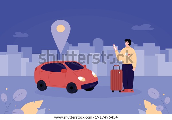 Car sharing service\
banner with man using mobile app for transportation, cartoon vector\
illustration. Transport sharing service and car renting\
concept.