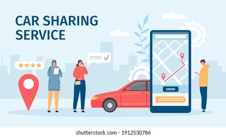 Car sharing service. Big smartphone screen with mobile app and people ordering cars for share or rent. Flat online carsharing vector concept. Booking or renting car for trip in application