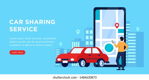 Car sharing service cartoon vector illustration. Urban city landscape on background, geolocation mark, car and smartphone with map on screen. Online rental car, taxi. Urban App, city navigation