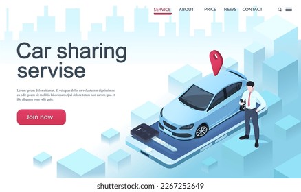 Car sharing service concept. Auto key on mobile phone application for car rental. Man is booking or hire car for transportation in city. Isometric image for traveling in cityscape. Vector illustration