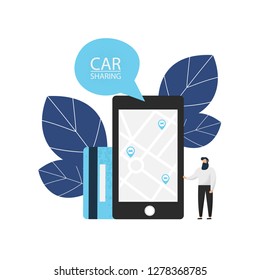 Car sharing service concept. Carsharing renting car mobile app. Vector illustration.