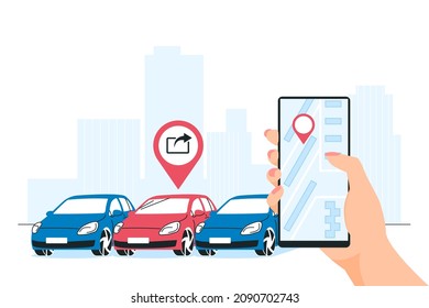 Car sharing service concept. Hand holding smartphone with a location pin on a navigator map. Modern vector illustration in flat style isolated on a white background.