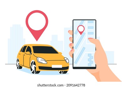 Car sharing service concept. Hand holding smartphone with a location pin on a navigator map. Modern vector illustration in flat style isolated on a white background.