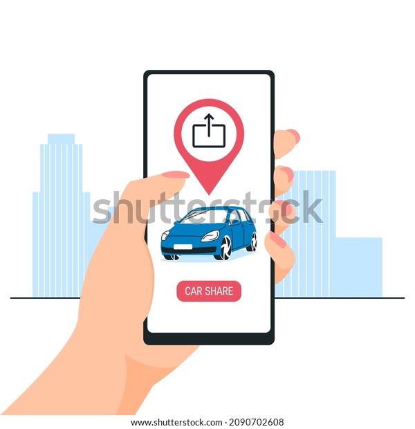 Car sharing service concept. Hand\
holding smartphone with a application. Modern vector illustration\
in flat style isolated on a white\
background.