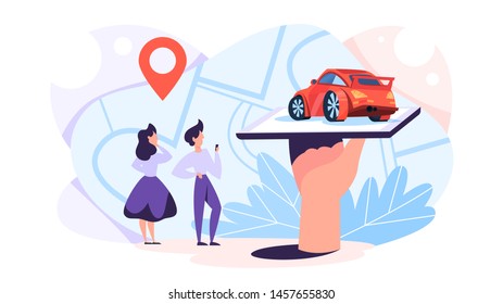 Car sharing service concept. Idea of vehicle share and transportation. Mobile application for automobile renting. Vector illustration in cartoon style
