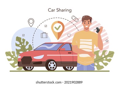 Car sharing service concept. Idea of vehicle share and transportation. Mobile application for automobile renting. Isolated flat vector illustration