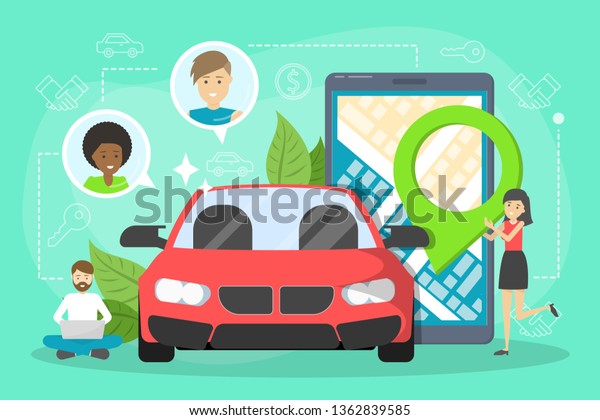 Car sharing service concept. Idea of\
vehicle share and transportation. Mobile application for automobile\
renting. Vector illustration in cartoon\
style