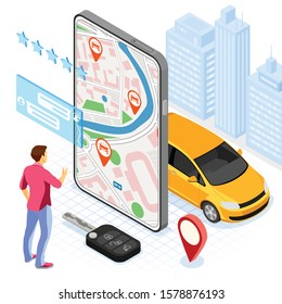 Concepto de servicio de Camión compartido. Hombre en línea elige camión para compartir cartones. Alquiler de automóviles, carpool, compartido para viajes de ciudad a través de aplicaciones móviles. Isometric vectorial ilustración