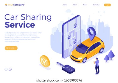 Car sharing service concept. Man online choose car for carsharing. Auto rental, carpool, shared for city trips through mobile application. landing page template. Isometric vector illustration