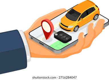 Concepto de servicio de coche compartido Concepto de servicio de coche compartido. El hombre en línea elige el coche para compartir coches. Alquiler de coches, carpool, compartido para viajes por la ciudad a través de la aplicación móvil. Ilustración vectorial isométrica