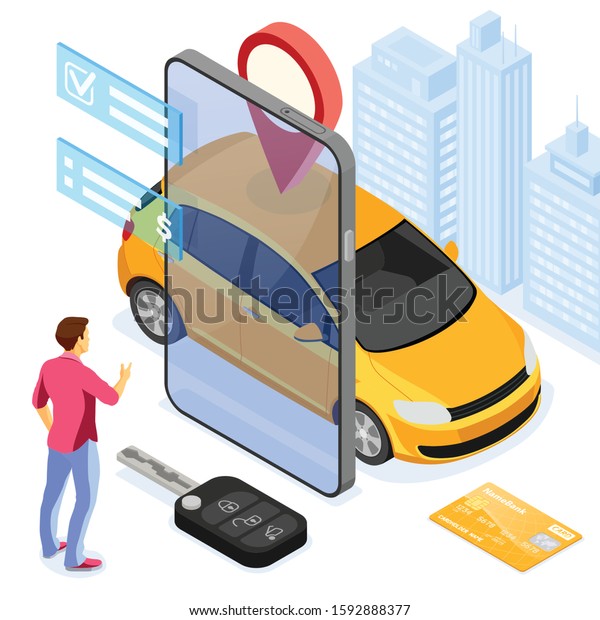 Car sharing service\
concept. Man online choose car for carsharing. Auto rental,\
carpool, shared for city trips through mobile application.\
Isometric vector\
illustration