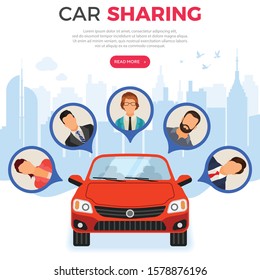 Car sharing service concept. People online choose car for carsharing. Auto rental, carpool, shared for city trips. vector illustration