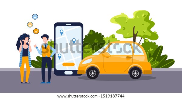 Car\
sharing service concept with positive woman and man, telephone with\
app and yellow car. Green environment.  Online map and car rental,\
GPS, mobile application. Vector flat\
illustration.