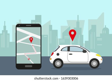 Car sharing service concept. White car in city and smartphone with mobile app. Vector illustration.