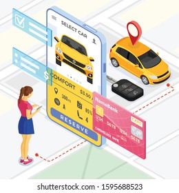 Car sharing service concept. Woman online choose car for carsharing. Auto rental, carpool, shared for city trips through mobile application. Isometric vector illustration