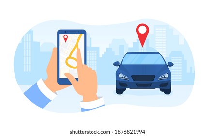 Car sharing service controlled via smartphone. Hands holding phone with location mark on map of smart electric car in modern city. Flat cartoon vector illustration