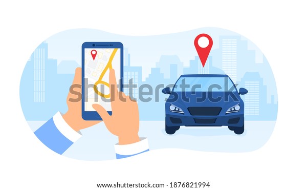 Car sharing service\
controlled via smartphone. Hands holding phone with location mark\
on map of smart electric car in modern city. Flat cartoon vector\
illustration