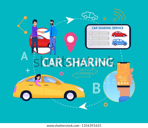 Car\
Sharing Service Cycle. Vector Infographics. Young People Connect\
Together for Travel. Search Transport on Tablet or Smartphone.\
Collaborative Vehicle Rent. Carsharing\
Illustration.
