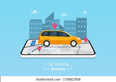 Car sharing service design concept. Checking taxi or car service app on mobile phone with GPS navigation location. City building background vector illustration 