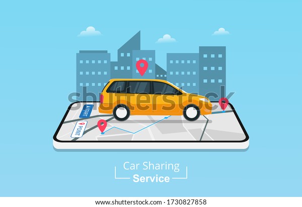Car sharing service design concept.\
Checking taxi or car service app on mobile phone with GPS\
navigation location. City building background vector illustration\
