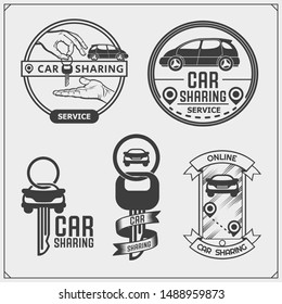 Car sharing service emblems and logos. Transport renting service mobile app. Vector illustration.