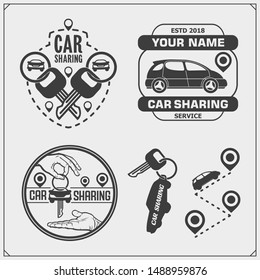 Car sharing service emblems and logos. Transport renting service mobile app. Vector illustration.